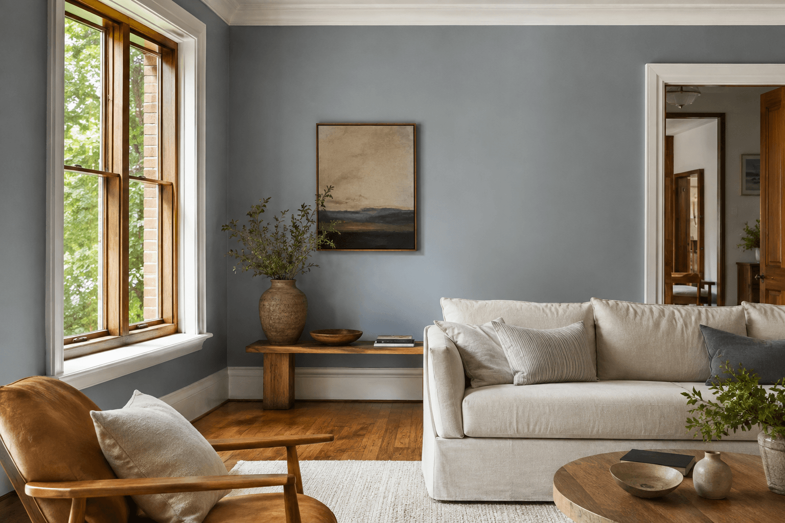 muted blue Geelong-style living room with freshly painted walls and bright white trim