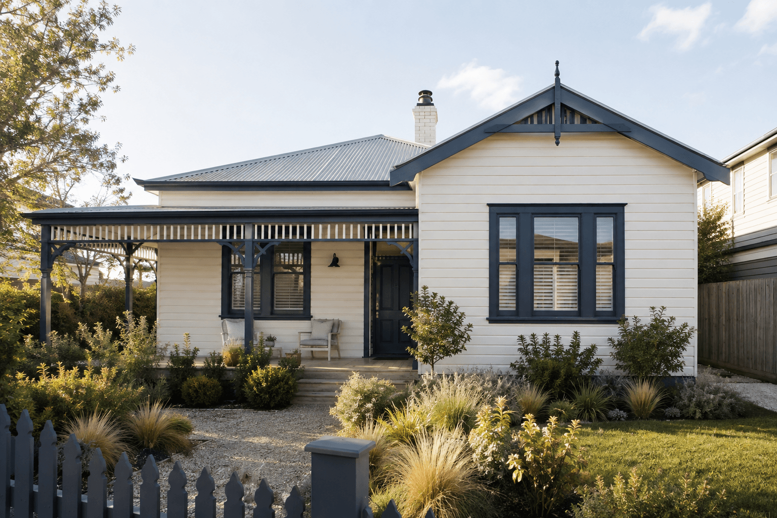 freshly painted cream weatherboard home with deep blue trim and a front garden